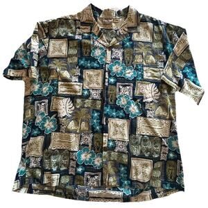Vtg Aloha Hut Hawaiian Men’s Shirt Blue Green Hibiscus Canoe 100% Cotton Size 2X